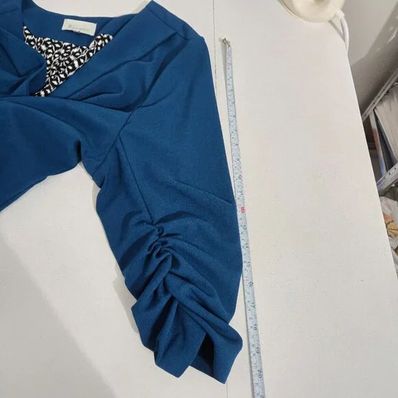 Skies Are Blue Raja Collarless Blazer Sz 2X Teal Open Career 3/4 Ruched Sleeves - Picture 7 of 10